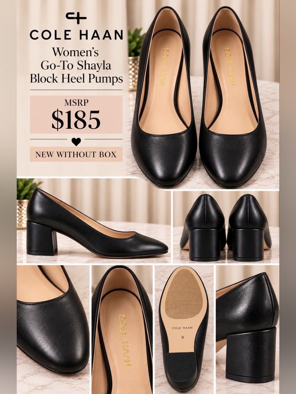 Cole Haan Black Leather Block Heel Pumps - NWOB